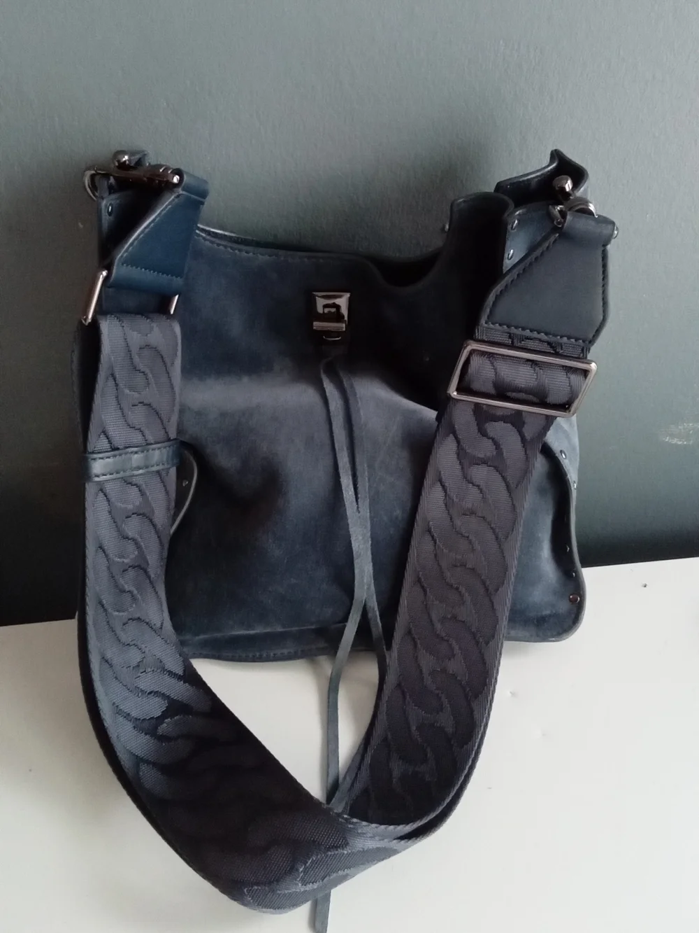 Rebecca Minkoff‎ Navy Blue Suede Studded Hobo Crossbody Bag with Guitar Strap